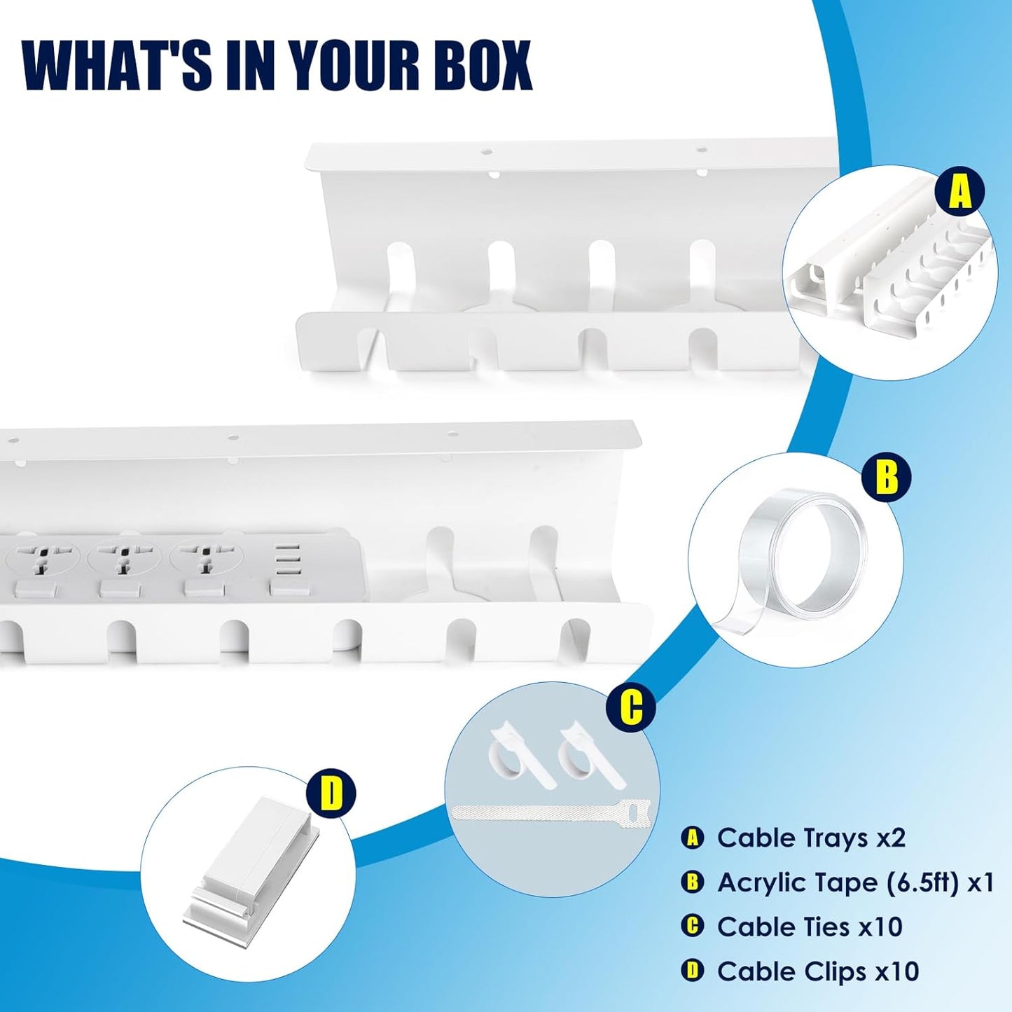 2 Pack Under Desk Cable Management Tray, 17" Wire Organizer for Power Strip, No Drill or Screw Mount, Easy Install Cord Raceway for Desk & Home, White
