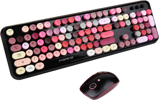 Wireless Keyboard and Mouse Combo, 2.4 GHz Full-Sized Typewriter Keyboard and Mouse Wireless with Round Keycaps for Windows, Computer, Desktop, PC, Laptop (New BlackColorful)