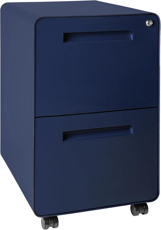 Laura Davidson Furniture Stockpile 2 Drawer Mobile File Cabinet with Lock - Under Desk Metal Filing Cabinet, Legal/Letter File Folders, Wheels and Stationary Feet, Pre-Assembled, Navy Blue