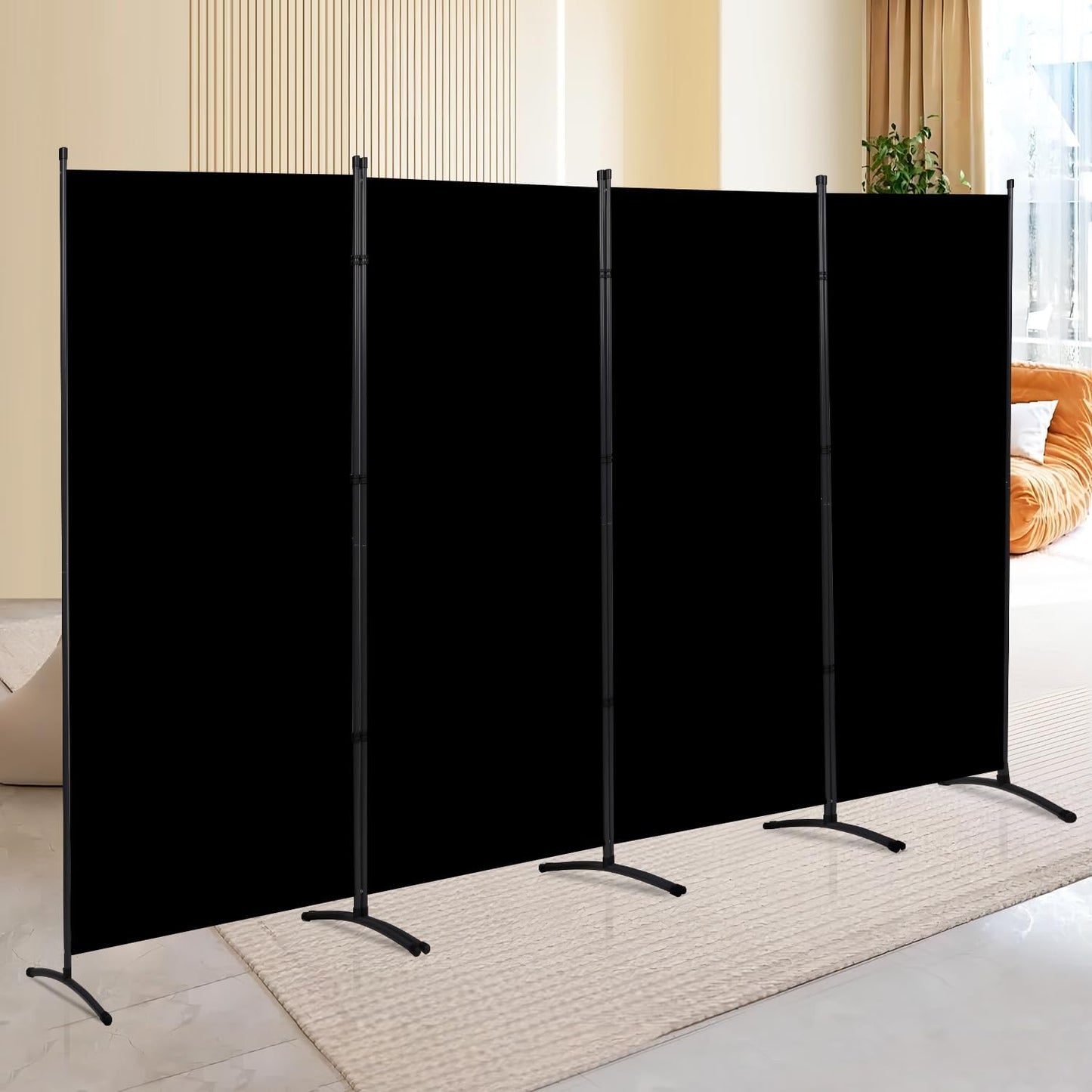 4 Panel Folding Privacy Screens, 6 FT Tall Wall Divider with Metal Frame, Freestanding Room Divider for Office Bedroom Study (4 Panel, Black)