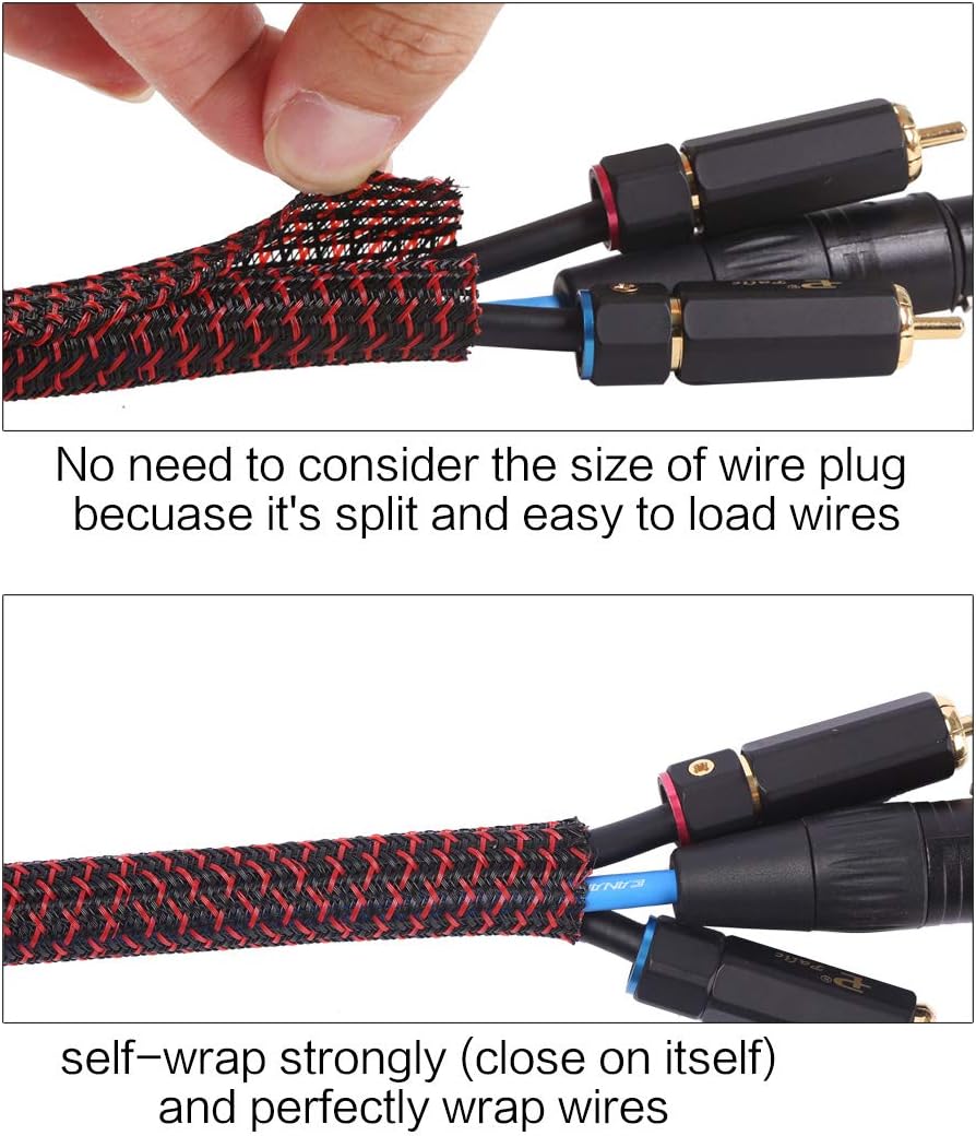 Alex Tech 10ft - 3/4 inch Cord Protector Wire Loom Tubing Cable Sleeve Split Sleeving For USB Cable Power Cord Audio Video Cable – Protect Cat From Chewing Cords - Blackred