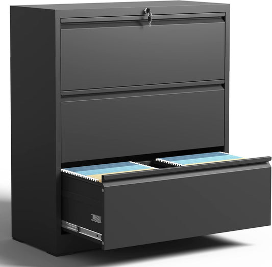 3 Drawer Lateral File Cabinet, File Cabinets for Home Office Legal/Letter A4 Size, File Cabinet with 3 Drawer Cabinet, Require Assembly, Black