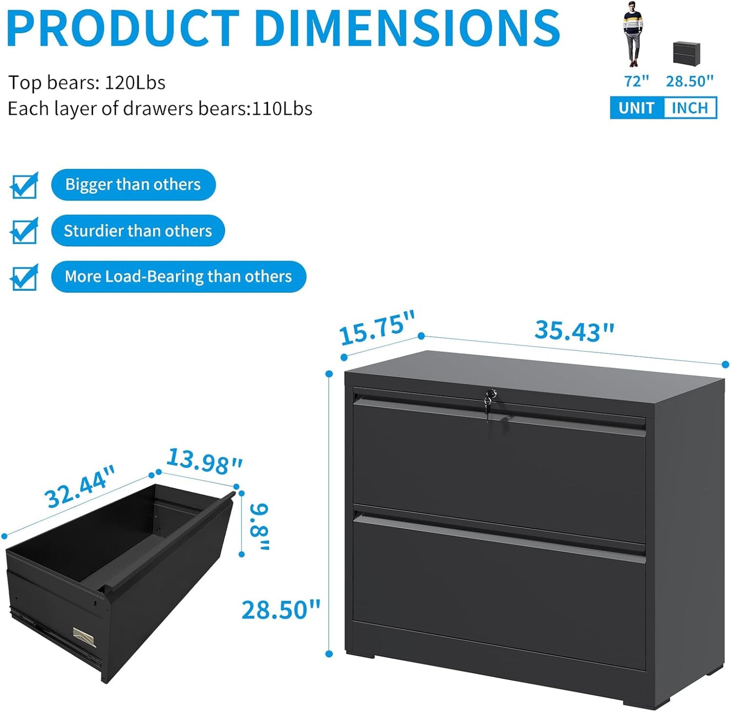 2 Drawer Lateral File Cabinet with Lock, Metal Lateral Filing Cabinet for Home Office, Steel Wide Horizontal Filing Cabinets for Letter/Legal/A4/F4 Hanging Files (Black)