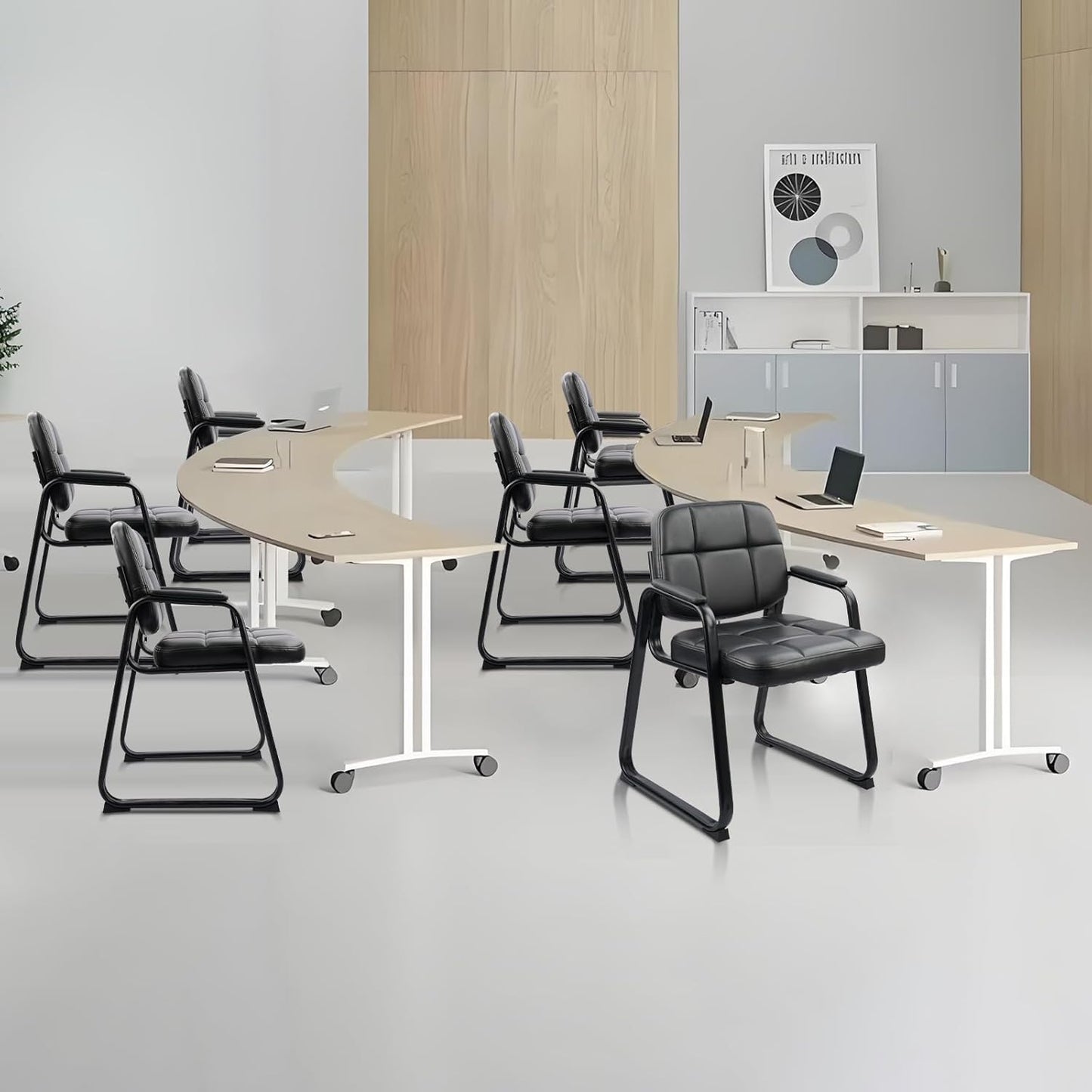 CLATINA Waiting Room Guest Chair with Bonded Leather Padded Arm Rest for Office Reception and Conference Desk Black with Sled Base 4 Pack