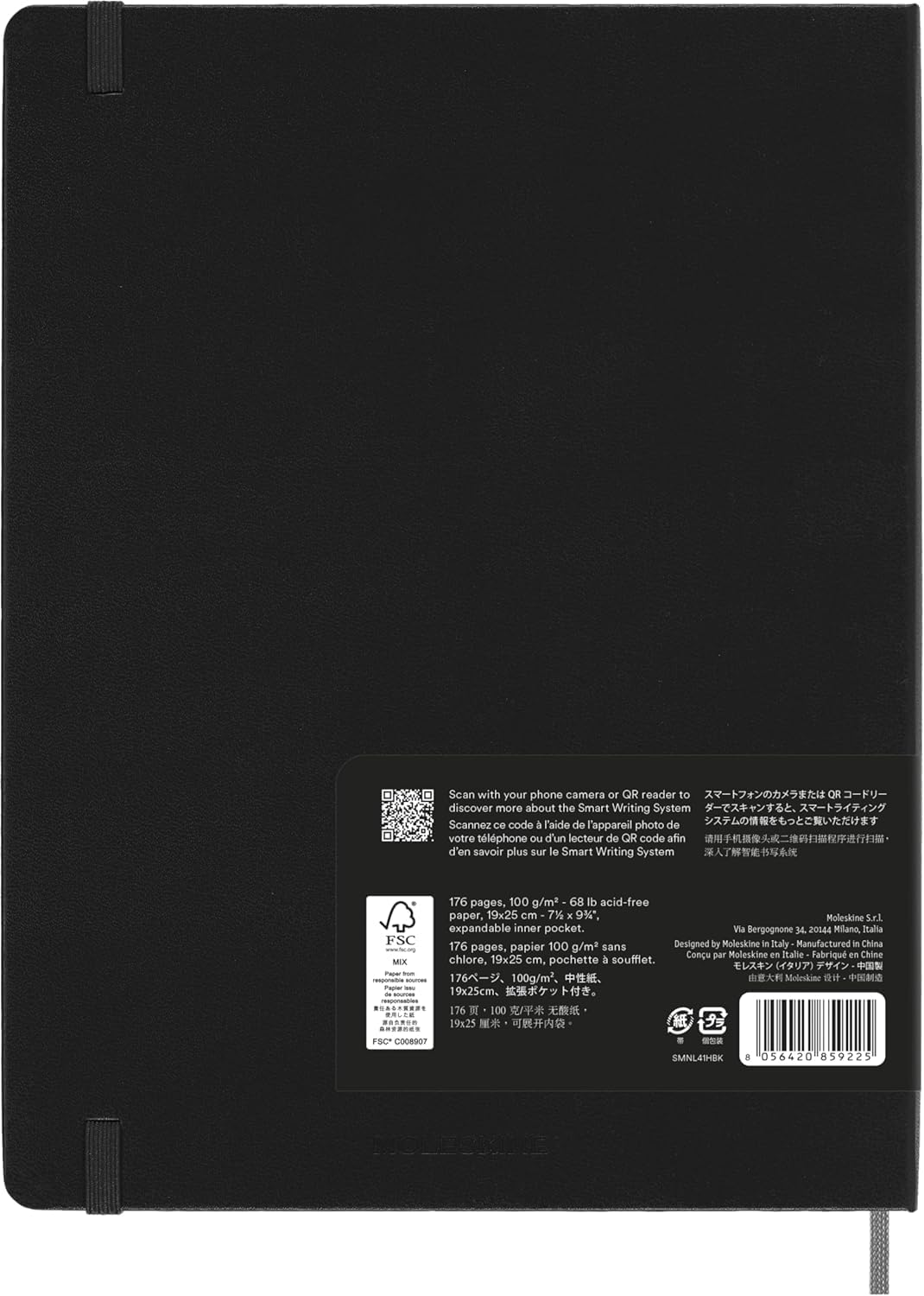 Moleskine Smart Notebook, Smart Writing System, Digital Notepad with Hard Cover, Ruled Pages and Elastic Closure, Size Extra Large 19 x 25 cm, Colour Black