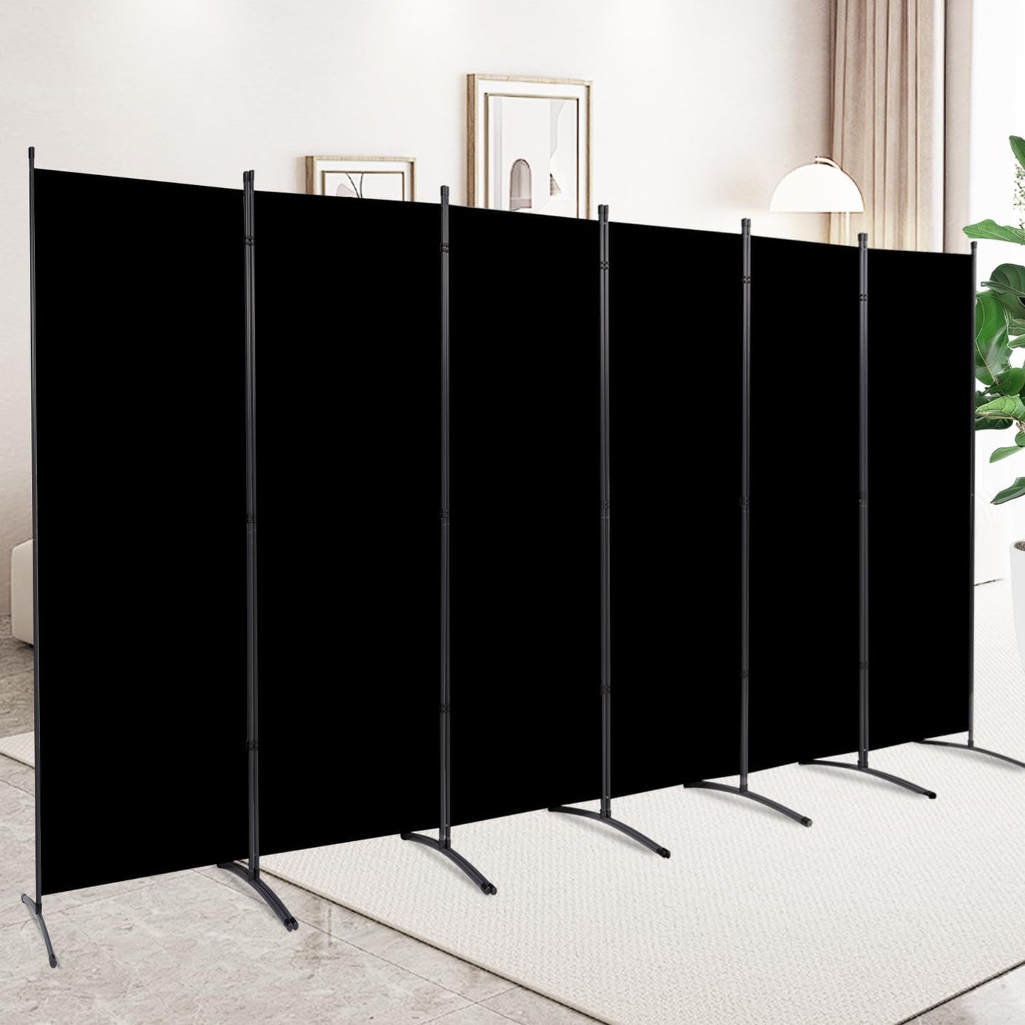 6 Panel Folding Privacy Screens, 6 FT Tall Wall Divider with Metal Frame, Freestanding Room Divider for Office Bedroom Study (6 Panel, Black)