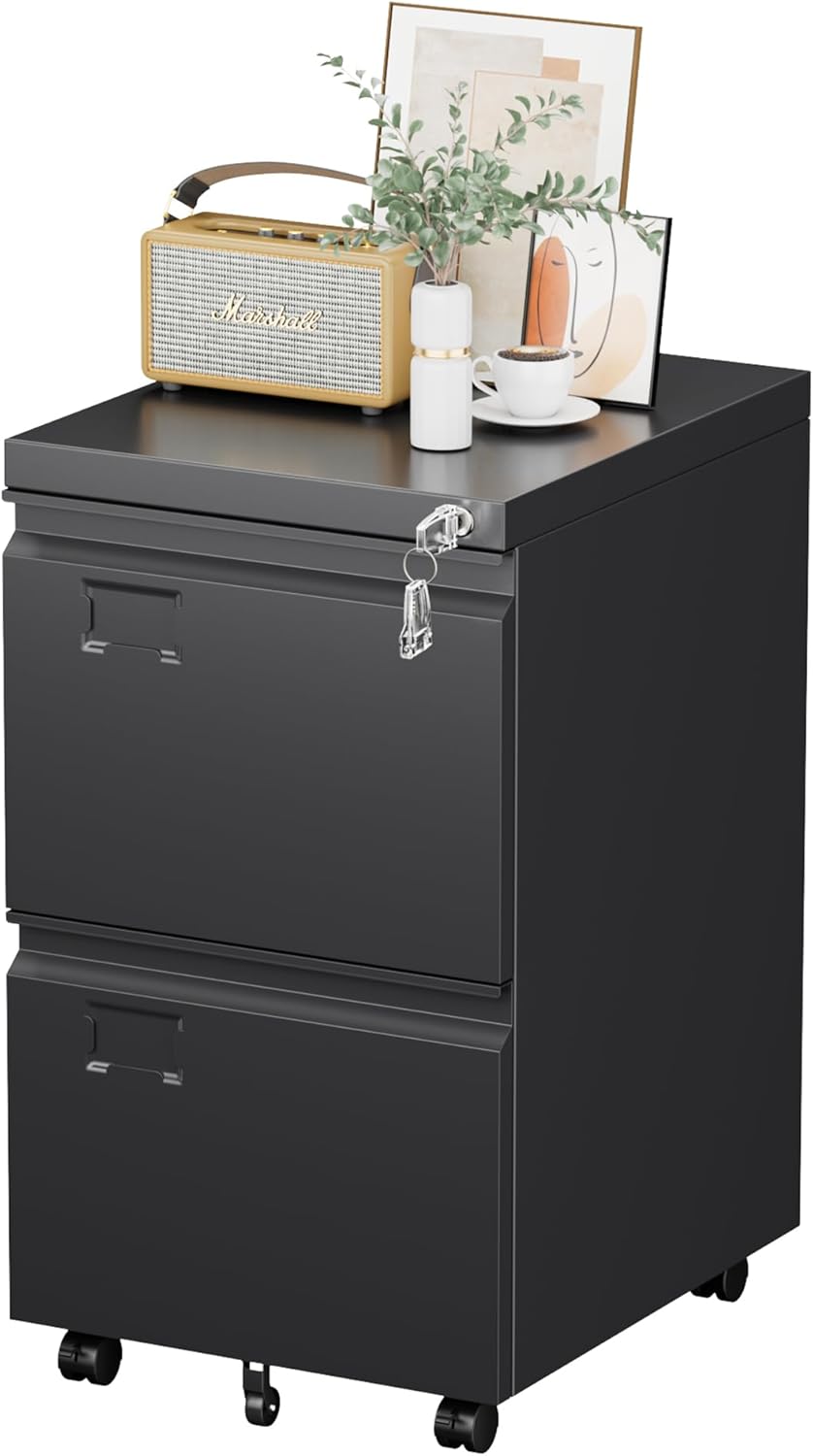 2 Drawers Mobile File Cabinet, Metal Under Desk Cabinet with Lock, for Office & Home, Legal/Letter Size, W14.57”x D17.36”x H25.79”, Assembly Required