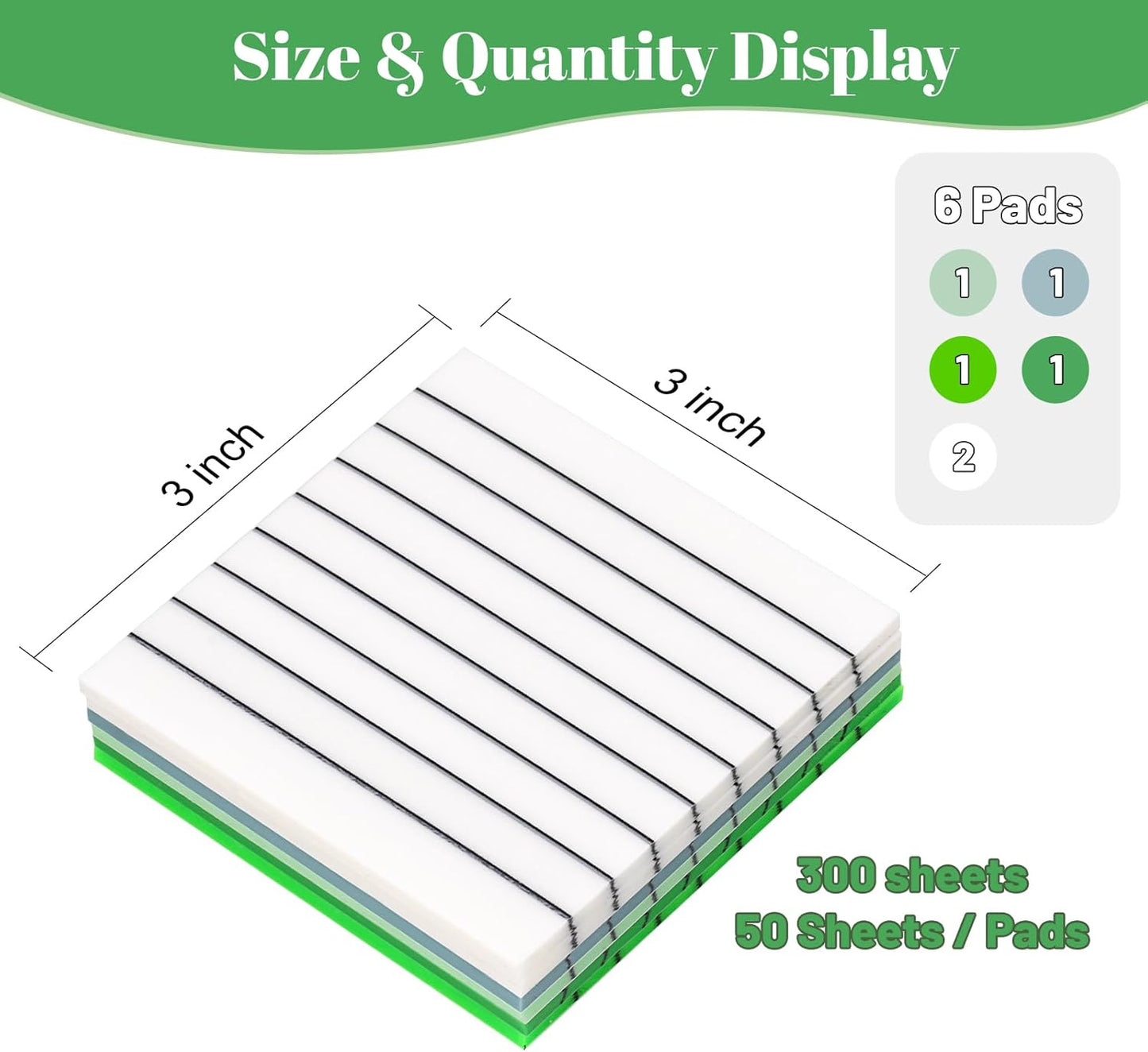 3x3 Inch Transparent Sticky Notes 300 Sheets, Clear Translucent Lined Self-Adhesive Memo Repositionable Reminder Pad for Office, College Students, Planners, Journals, School Supplies (Green)