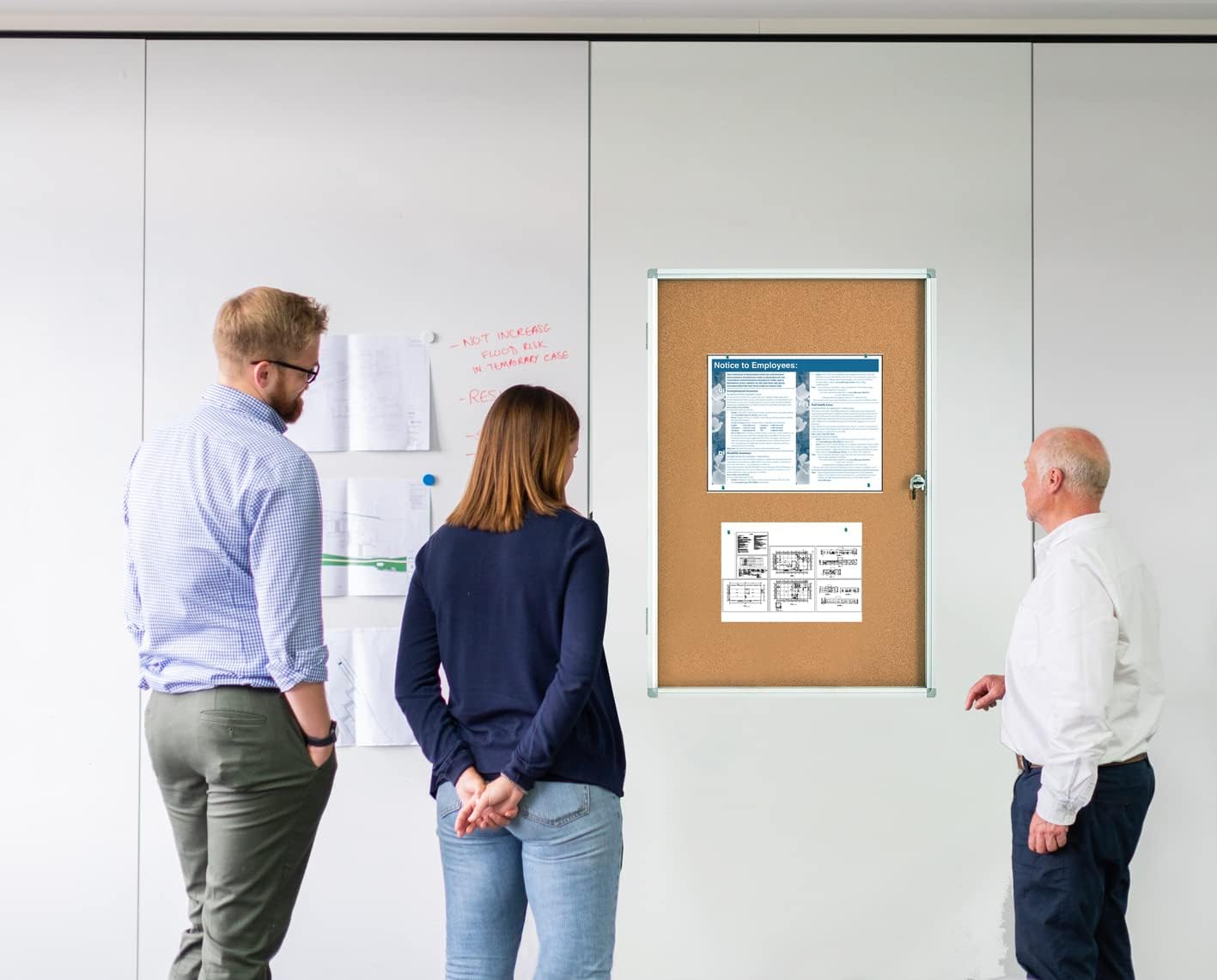 Lockable Display Case 24x36 - Enclosed Cork Bulletin Board with Locking Door, Wall Mounted Aluminum Notice Board for Office, School, Posters, Cards