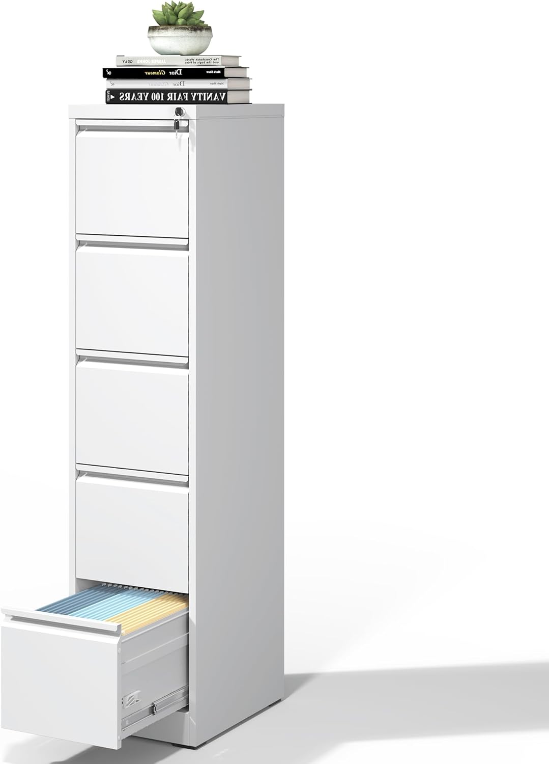 5 Drawer File Cabinet with Lock, Metal Vertical Filing Cabinets for Home Office, Steel Storage Cabinet for Hanging Legal/Letter Size Files, Assembly Required (White)