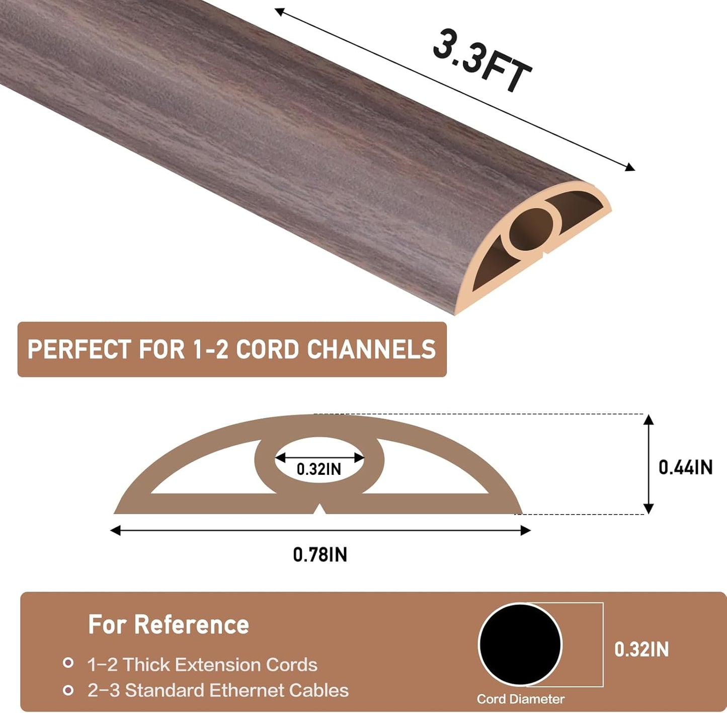 Floor Cord Cover Self Adhesive Cord Hider Floor Extension Cord Covers for Floor Power Cord Protector Cable Management Prevent Cable Trips Cable Cavity 0.32" W x 0.32" H (Brown Walnut Wood, 3.3Ft)