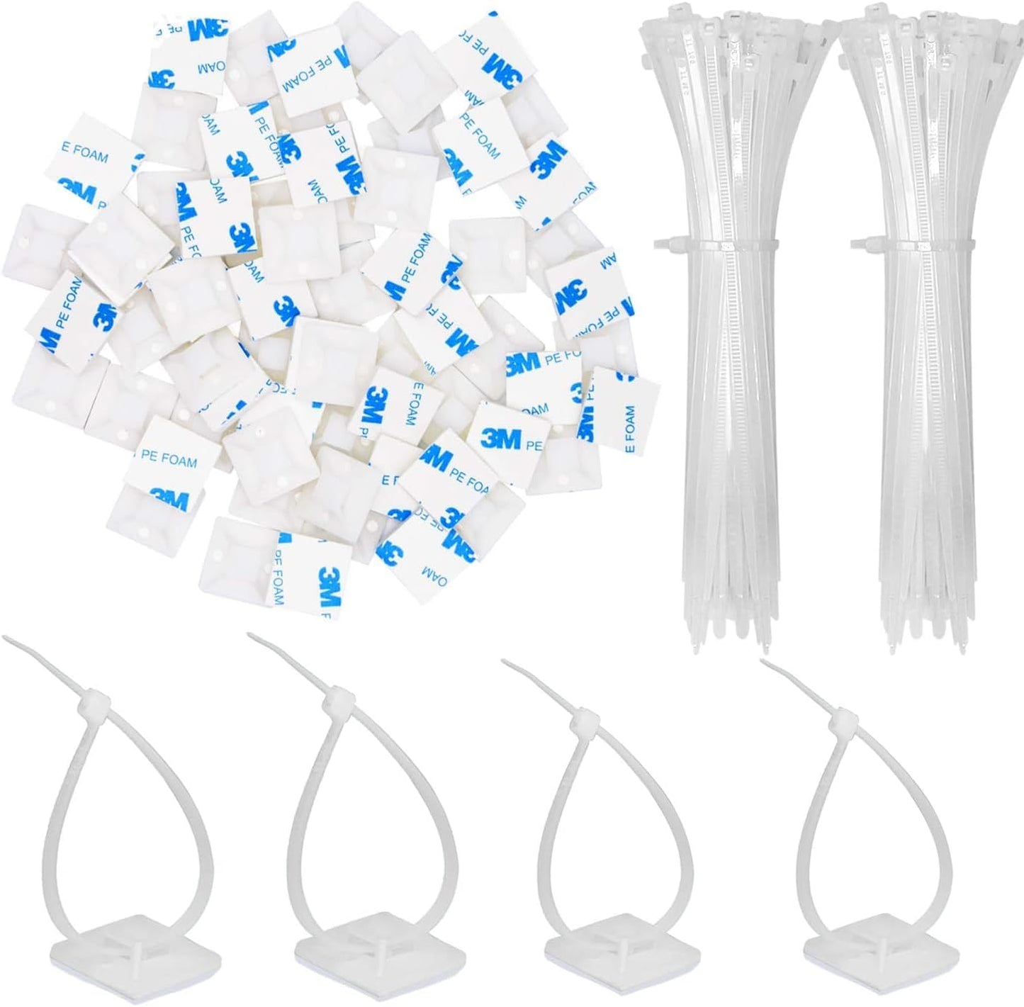 30 Pack 2 inch Zip Tie Adhesive Mounts Self Adhesive Cable Tie Base Holders with Multi-Purpose Tie wire clips with screw hole,Anchor stick on wire holder with 8 inch zip ties（White）