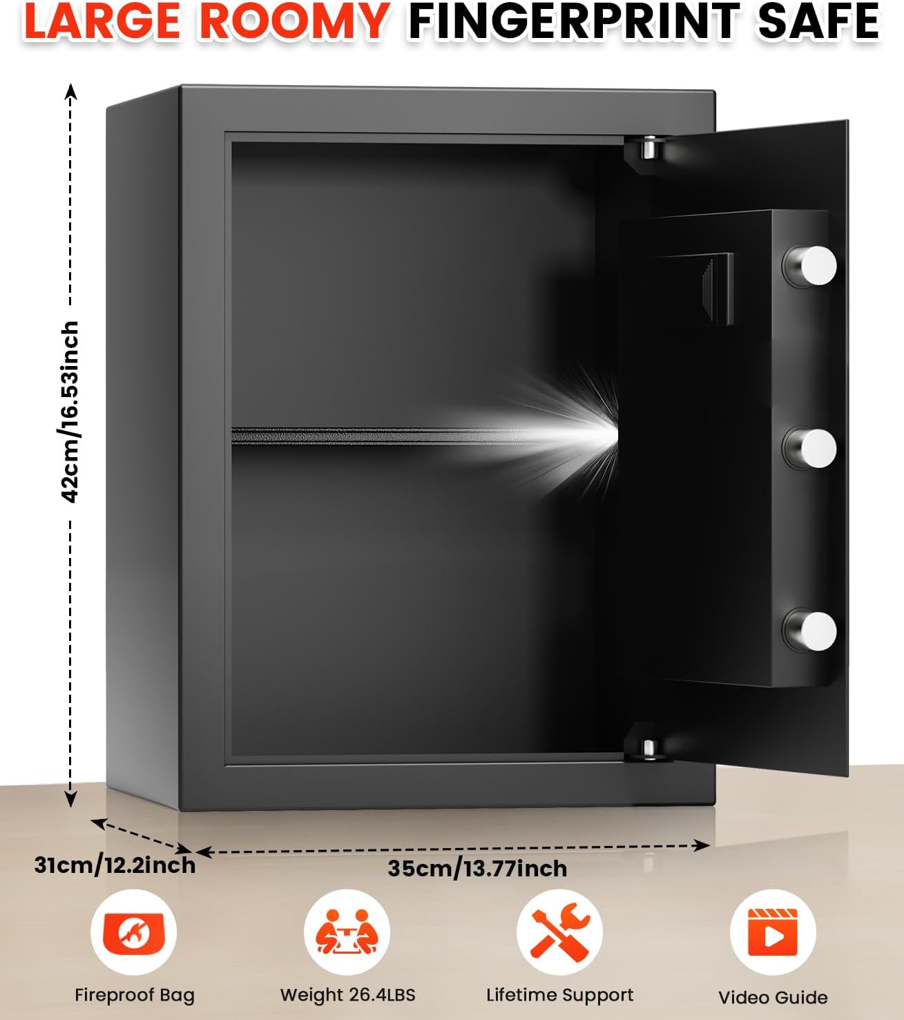 1.6 Cuft Biometric Safe Box, Fire Proof Safe For Home Documents with Fingerprint Lock, Combination Keypad Keys, Anti-Theft Dual Alert, Mute Mode, Digital Security Personal Safes for Money Jewelry