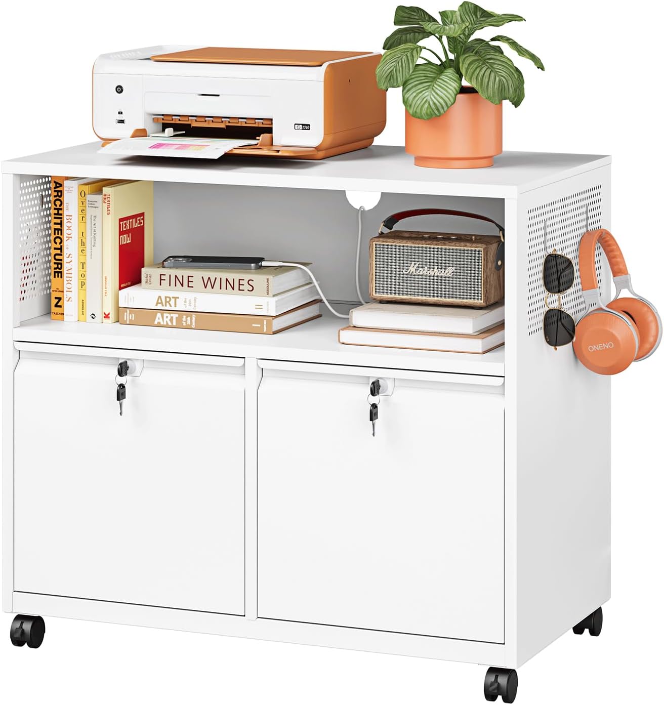 Metal File Cabinet,2 Drawer Lateral Filing Cabinet with Lock,Rolling Printer Stand Storage Cabinets with Shelves for Home Office Letter/Legal/A4 Size Files(White)