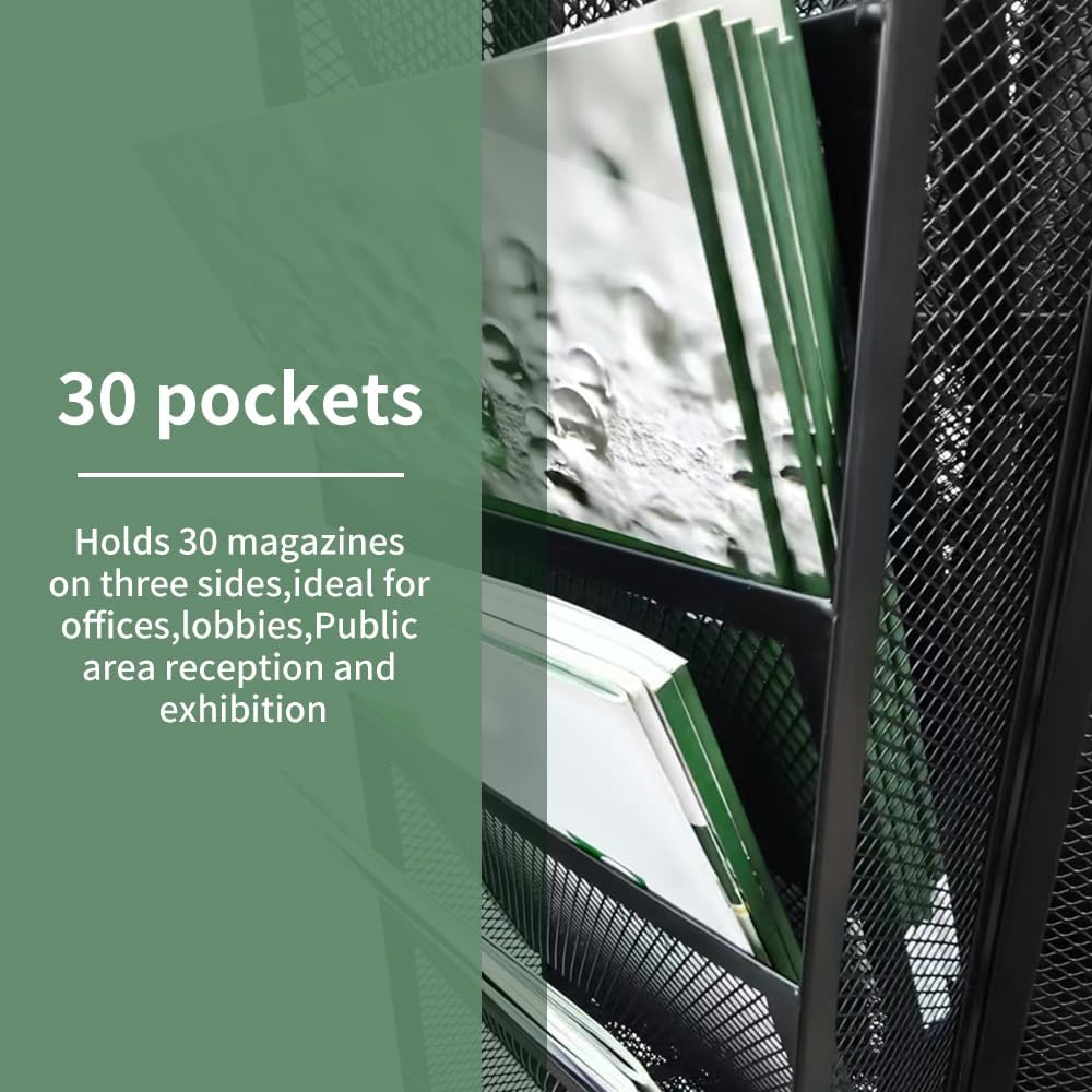 Rotating Mesh Magazine Rack,Brochure Display Stand With 30 Pockets,Commercial and Public Place Literature Rack