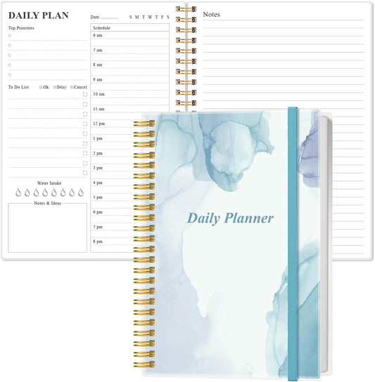 Daily Planner Undated - A5 To Do List Notebook Hourly Schedules, Spiral Appointment Planner for Women and Men, PVC Hardcover, Inner Pocket, Elastic Closure, 5.8" x 8.3", Blue Watercolor