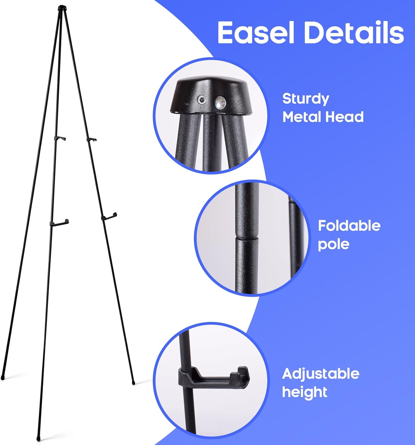 Portable Easel Stand for Posters, Lightweight Tripod Display with Collapsible Design, Sturdy Black Steel Frame, Holds Up to 5 lbs, Ideal for Events, Art & Signage. (2 Pack-Black)