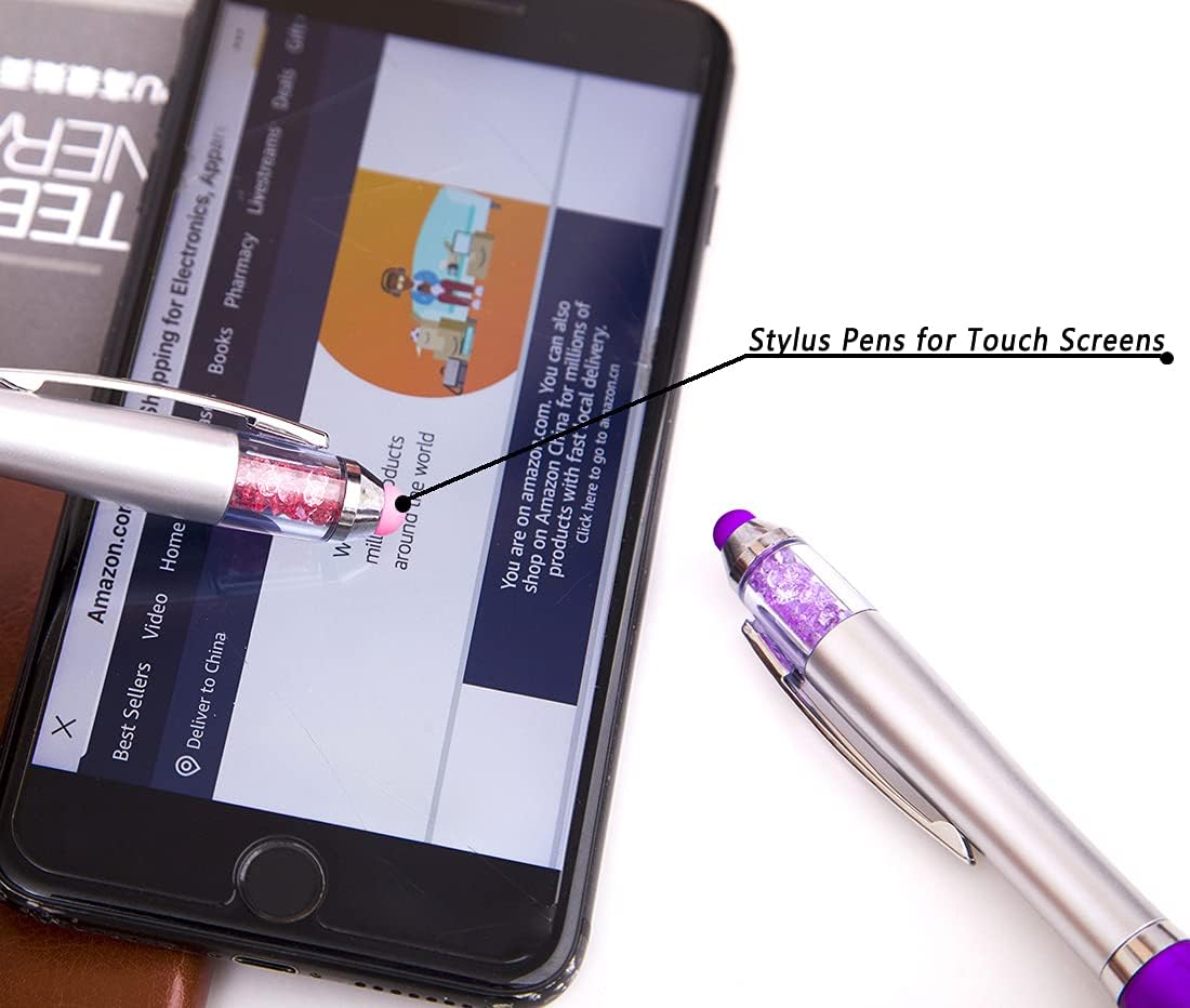 Stylus Pens 2-in-1 Ballpoint Pen 1.0mm Medium Point Pens with Crystals for Women Black Ink Pen with Stylus Ball Point Pen with Comfort Grip for The iPad, 5-Count