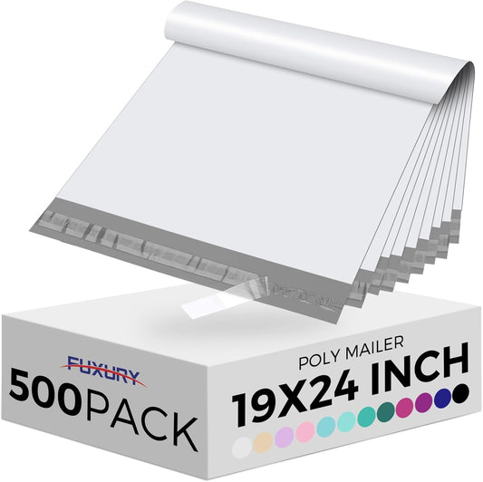 Fuxury 500pcs Poly Mailers 19x24 Inch,Self Adhesive Shipping Bags for Clothing,Waterproof Shipping Envelopes Mailers Poly Package Bags for Small Business,Flexible Mailing Bags White