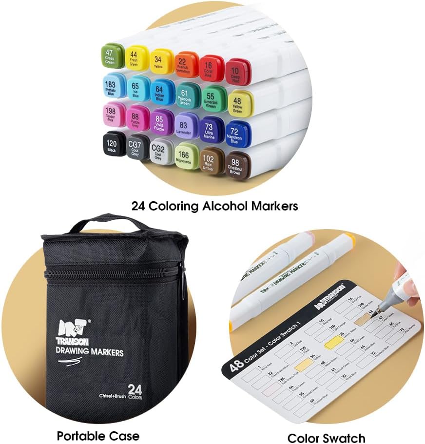 TRANSON Alcohol Markers for Drawing Coloring 24 Colors Dual-tip Brush and Chisel Tips