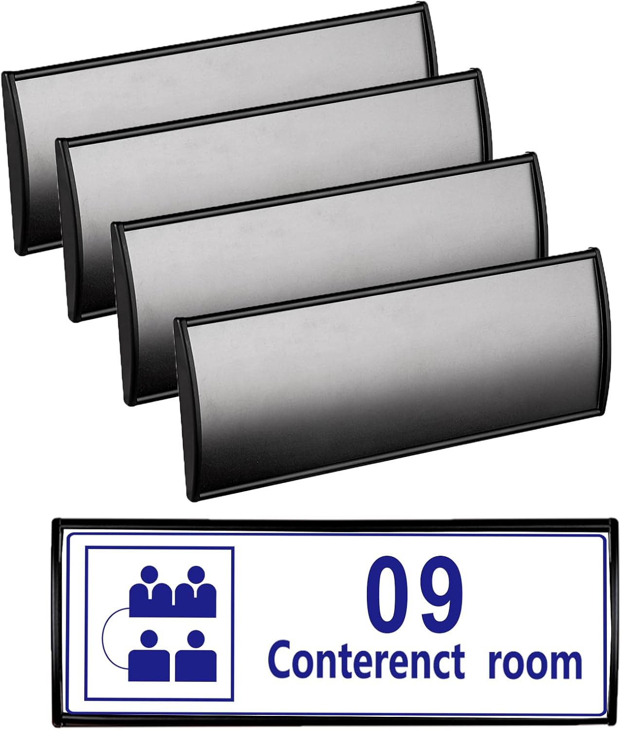 5Pcs Office Name Plates Holder for Doors, 3” X 8” Curved Wall Mount Door Sign Holder, Black Aluminum Sign Holder for Office Wall with Plastic Film and Adhesive Tape