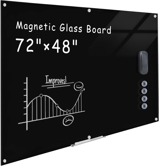 Magnetic Glass Whiteboard，72"x48" Wall Mounted Frameless Dry Erase Board for Office, Home & School Black