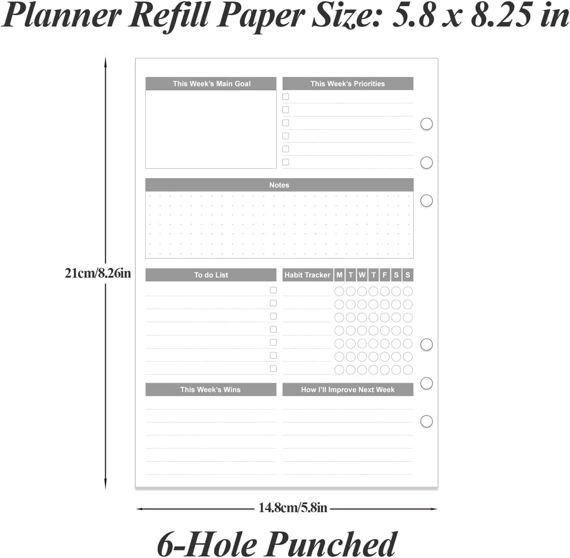 Weekly Planner Refills for A5 Binders - 53 Sheets/106 Pages Undated Weekly Planner, 6-Hole Punched, 100 gsm White Paper, Lasts 1 Year, Undated, 5.8" x 8.3", Black