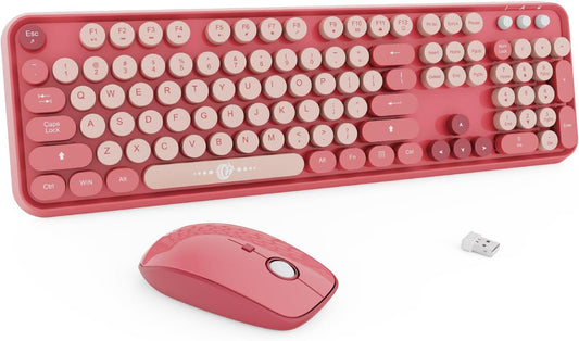 Wireless Keyboard and Mouse Combo, 104 Round Keys Cute Colorful Keyboard and Mouse with Retro Typewriter for PC/Mac/Laptop/Tablet/Computer/Windows Rose