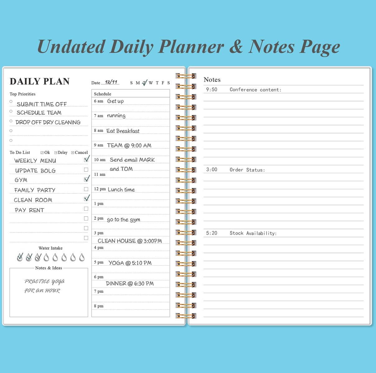 Daily Planner Undated - A5 To Do List Notebook Hourly Schedules, Spiral Appointment Planner for Women and Men, PVC Hardcover, Inner Pocket, Elastic Closure, 5.8" x 8.3", Blue Watercolor