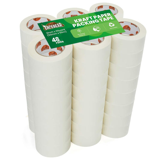 48Rolls Eco-Friendly Kraft Paper Tape 2Inch x 55Yard, White Paper Packing Tape, Biodegradable Recyclable Packaging Tape Self Adhesive Box Tape for Shipping, Sealing, Moving