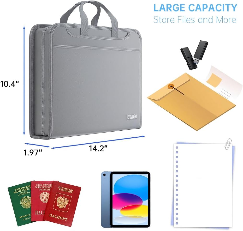 Folio Document Organizer (Grey), Durable 13-Pocket Expanding File Folder with Handle & Labels, Portable A4/Letter Organizer for Home Office, School & Travel