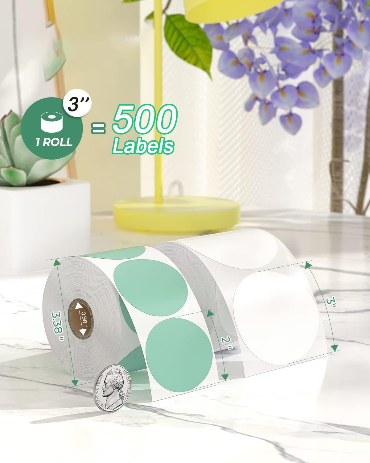 3 Inch White Round Thermal Sticker Labels, Self-Adhesive Circle Direct Thermal Printer Labels, DIY Design, QR Code, Name Tag, Brand Label,Gift Label (White 500 PCS/1 Roll)