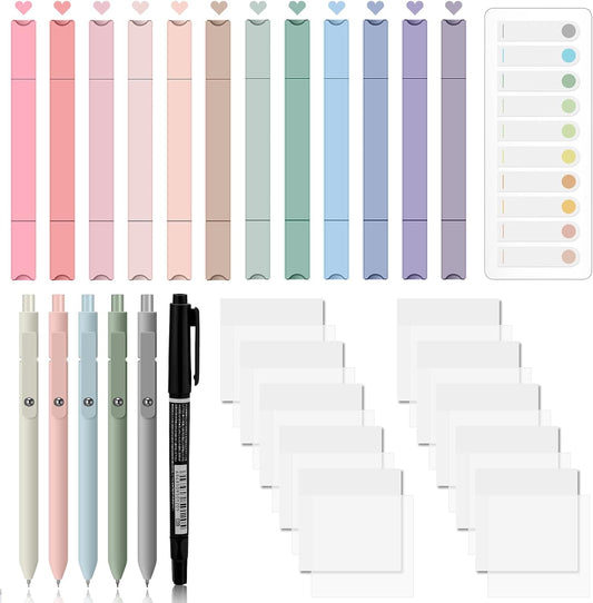 Jutom 38 Pcs Book Annotation Kit Aesthetic Highlighters Gel Pens Set Sticky Notes Tabs Markers Dual Ended Highlighter Quick Dry Ink Pens for Office Annotating Books(Clear,Square)