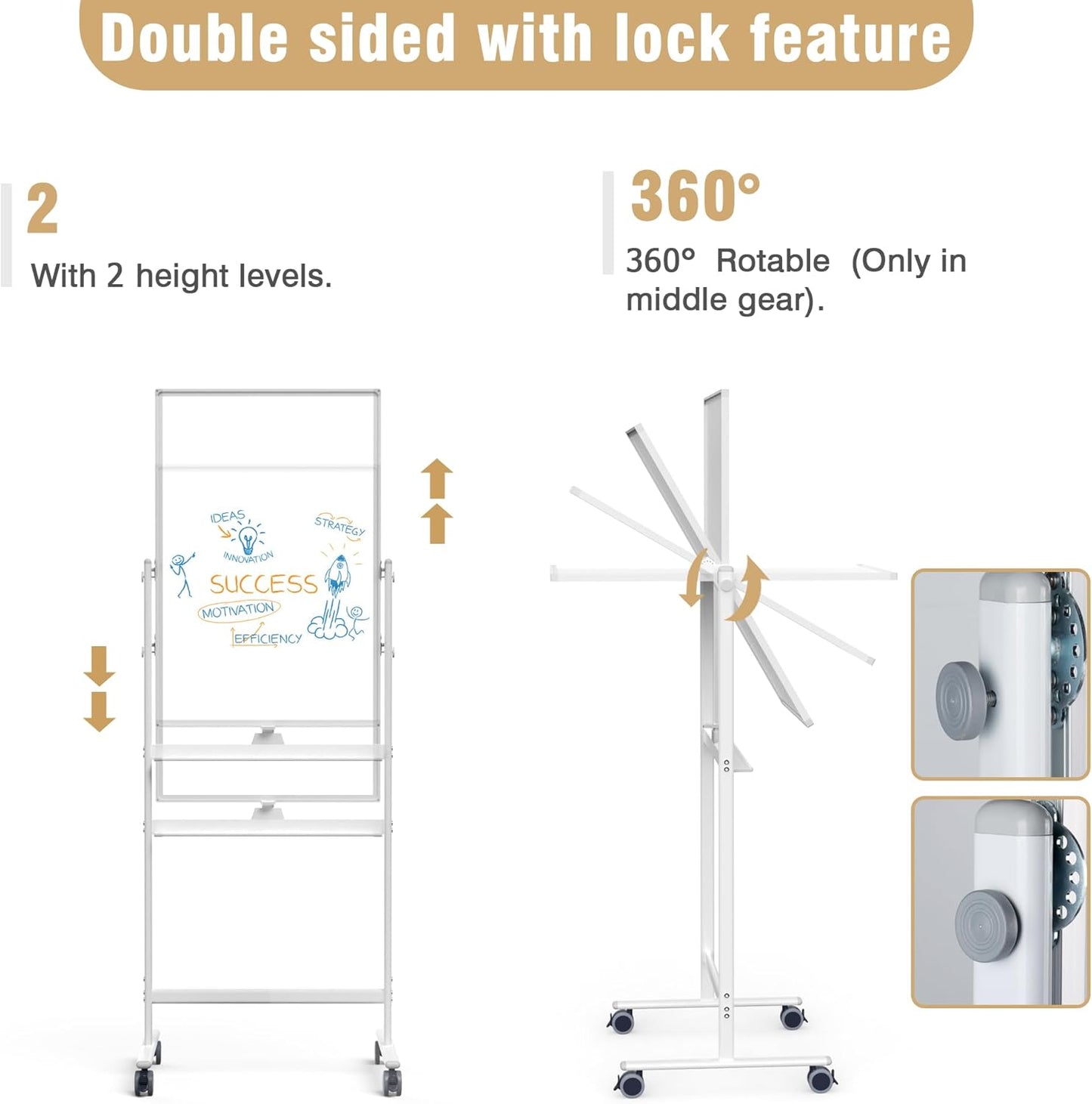 Rolling Whiteboard/w Height Adjustable, Mifuro 24 X 36 Large Portable Dry Erase Board with Stand and Wheels for Office,Classroom &School, White