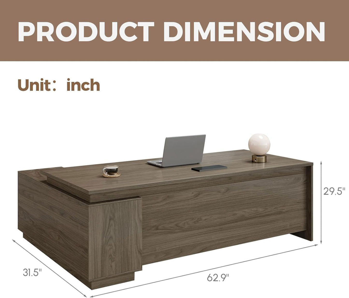 Executive Office Desk with Reversible Cabinets, Lockable Drawers, Cable Box & Privacy Panel – Modern Wood Grain Desk for Home Office or Business Use(Black Walnut,63" L*32" W*30" H)