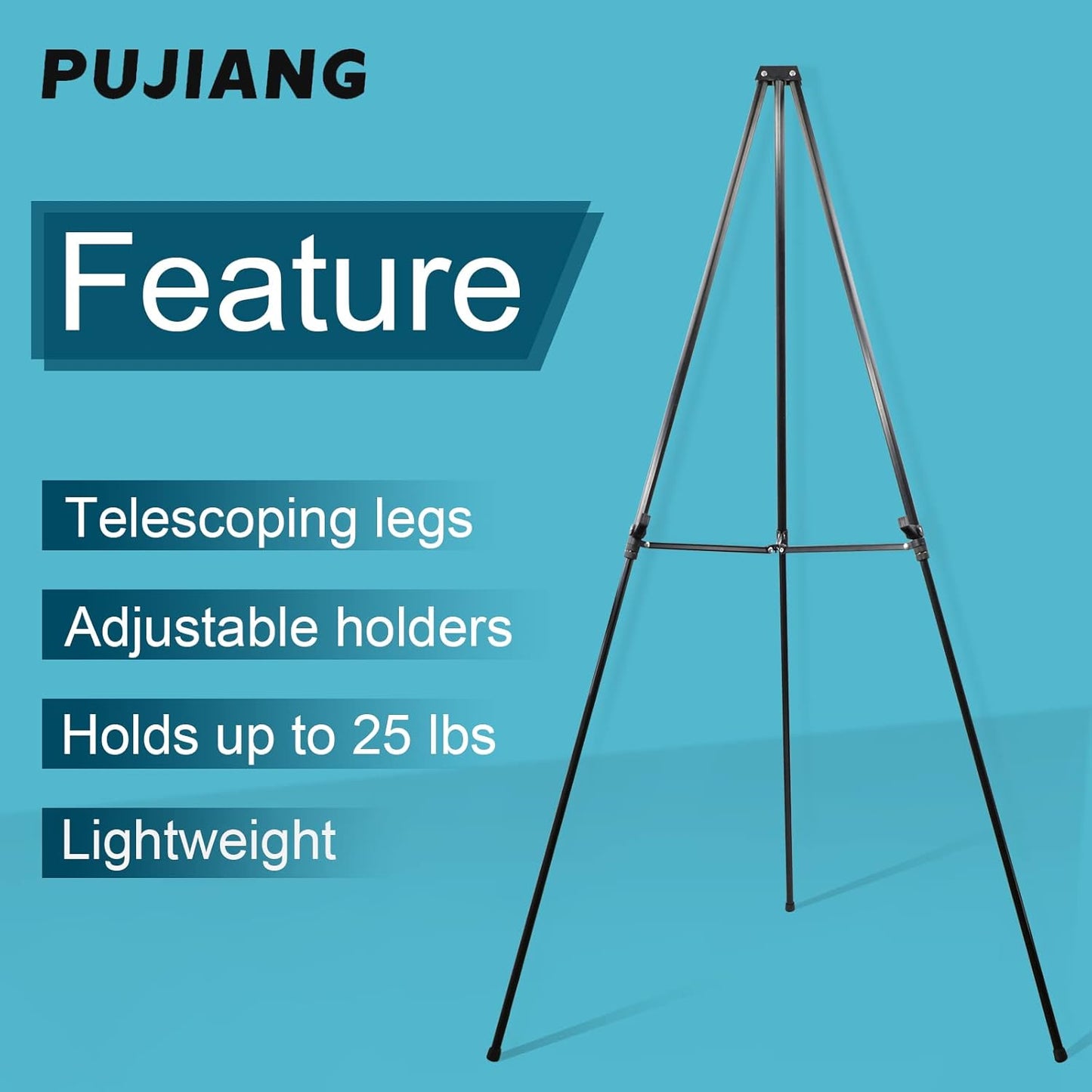 PUJIANG 63" Aluminum Easel Stand for Sign, Large Collapsible Easels for Display Posters/Whiteboard, Adjustable Height Artist Easel for Painting- Floor/Tabletop, Holds 25 lbs,1pcs