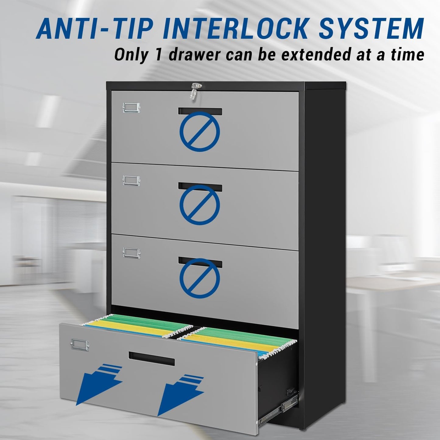 Metal Steel 4 Drawer Lateral File Cabinet with Lock, Filling Cabinets for Home Office, Lockable Storage Cabinet for Hanging Files Letter/Legal/F4/A4 Size-Assembly Required