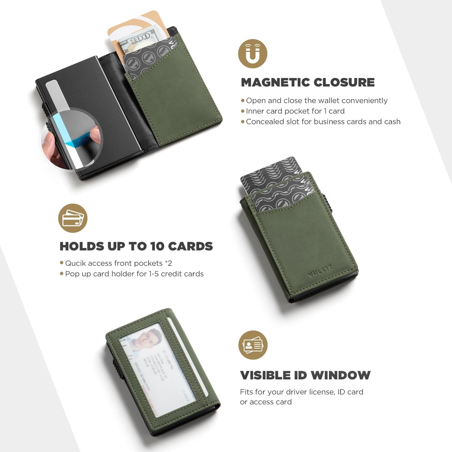 VULKIT Men's Wallet with ID Window Premium Leather Wallets RFID Blocking Minimalist Wallet Pop Up Card Holder Magnetic Closure