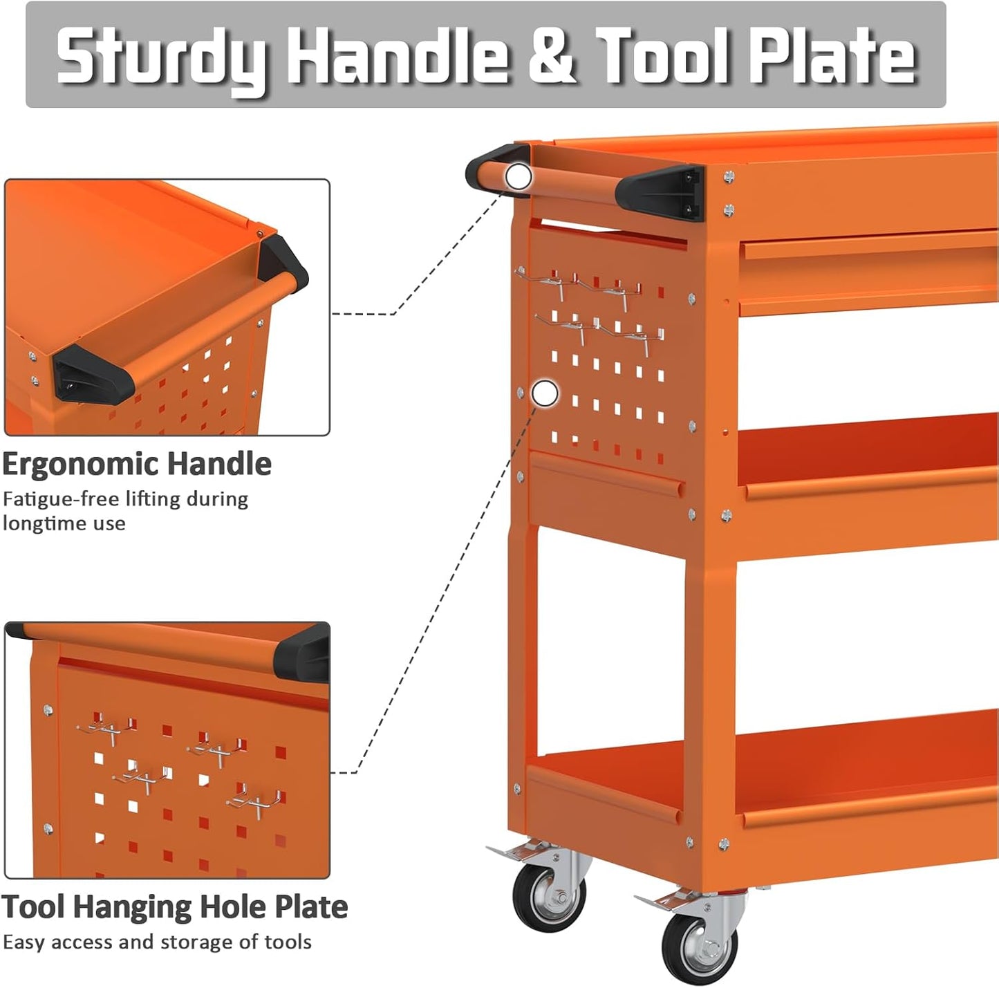 3 Tray Tool Cart with Drawers, 400 LBS Capacity Rolling Tool Carts on Wheels, Heavy Duty Utility Cart with Pegboard, Mechanic Tool Storage Cart for Garage, Warehouse and Repair Shop, Orange