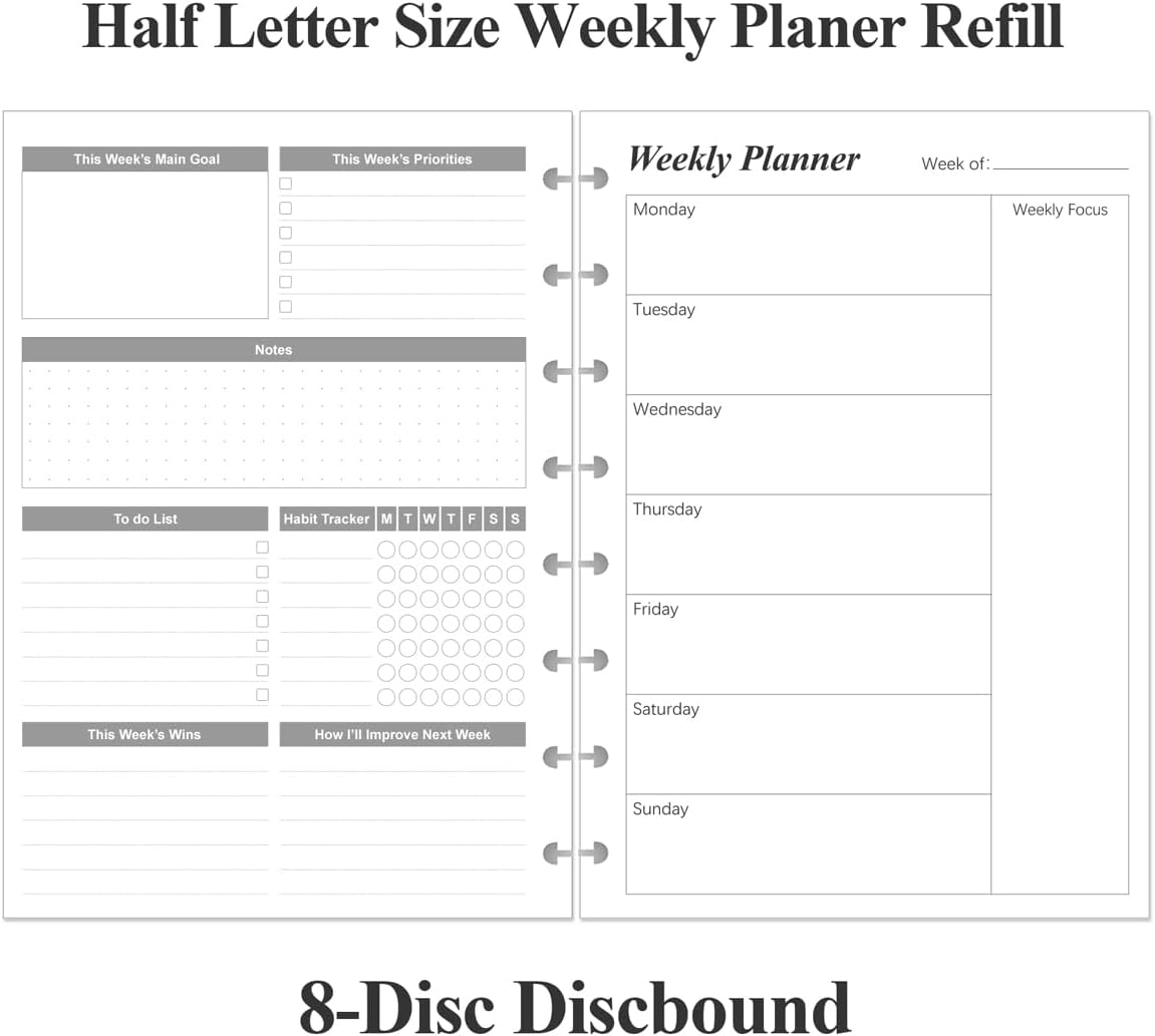 Weekly Planner Undated Refills - Junior Size 53 Sheets/106 Pages Weekly Planner for 8-Disc Discbound, 100 gsm White Paper, Lasts 1 Year, Undated, 5.8" x 8.3", Black