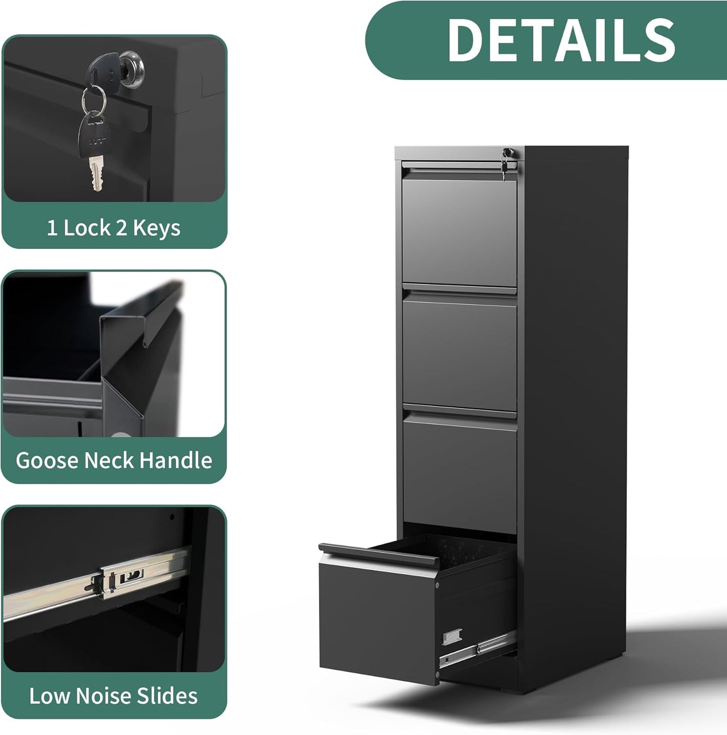 4 Drawer File Cabinet with Lock, Steel Vertical Filing Cabinets for Home Office, Metal Storage Cabinet for Hanging Legal/Letter Size Files, Assembly Required (Black)