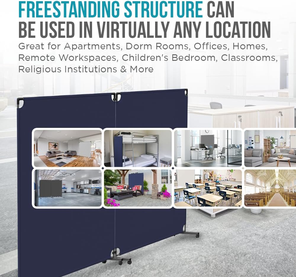 Steel-AID 50-inch Rolling Privacy Room Divider - Freestanding Office Wall Partition with Non See-Through Blackout Screen - Sturdy & Durable Iron Frame - Rolling Wheels - Black, White, Gray & Blue