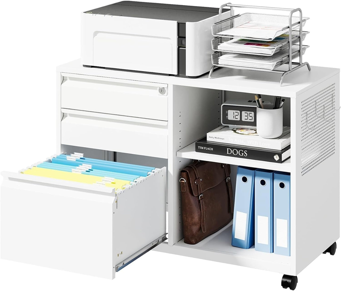 Letaya Mobile 3 Drawer File Cabinet with Lock-Metal Lateral Rolling Printer Stand Filing Cabinets for Home Office-Storage A4/F4/Letter (White)