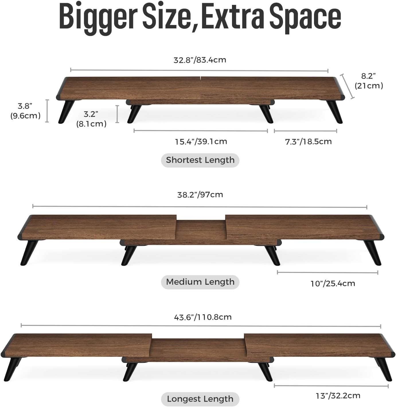 loukin Dual Monitor Stand Riser for Desk, 43.6"*8.2"*3.2" Large Computer Stand for 2 Monitors, Laptop, Printer, Length and Angle Adjustable Computer Shelf, Home Office,Max 43.6" Length(Brown)