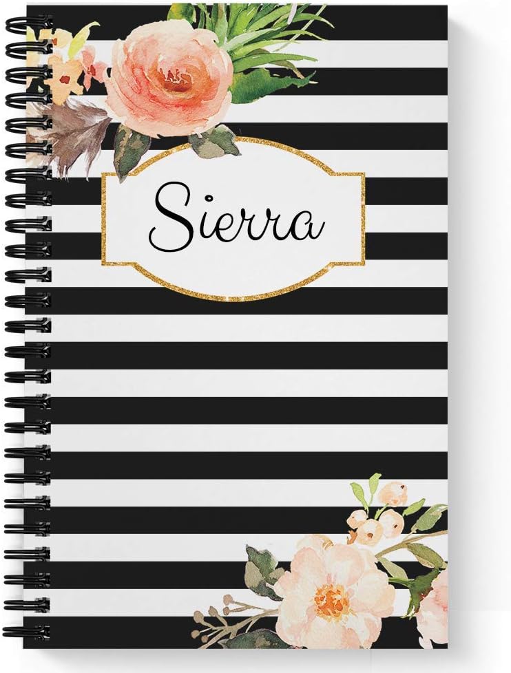 Classic Floral Personalized Notebook/Journal, Laminated Soft Cover, 120 pages of your selected paper, lay flat wire-o spiral. Size: 5.5” x 8.5”. Made in the USA