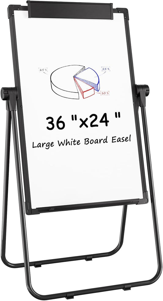 MaxGear Large White Board Easel Stand, 36" x 24" Black Double Sided Magnetic Dry Erase Board for School Classroom, Home Office Stand Flip Chart, Height Adjustable 360 Degree Rotating Whiteboard