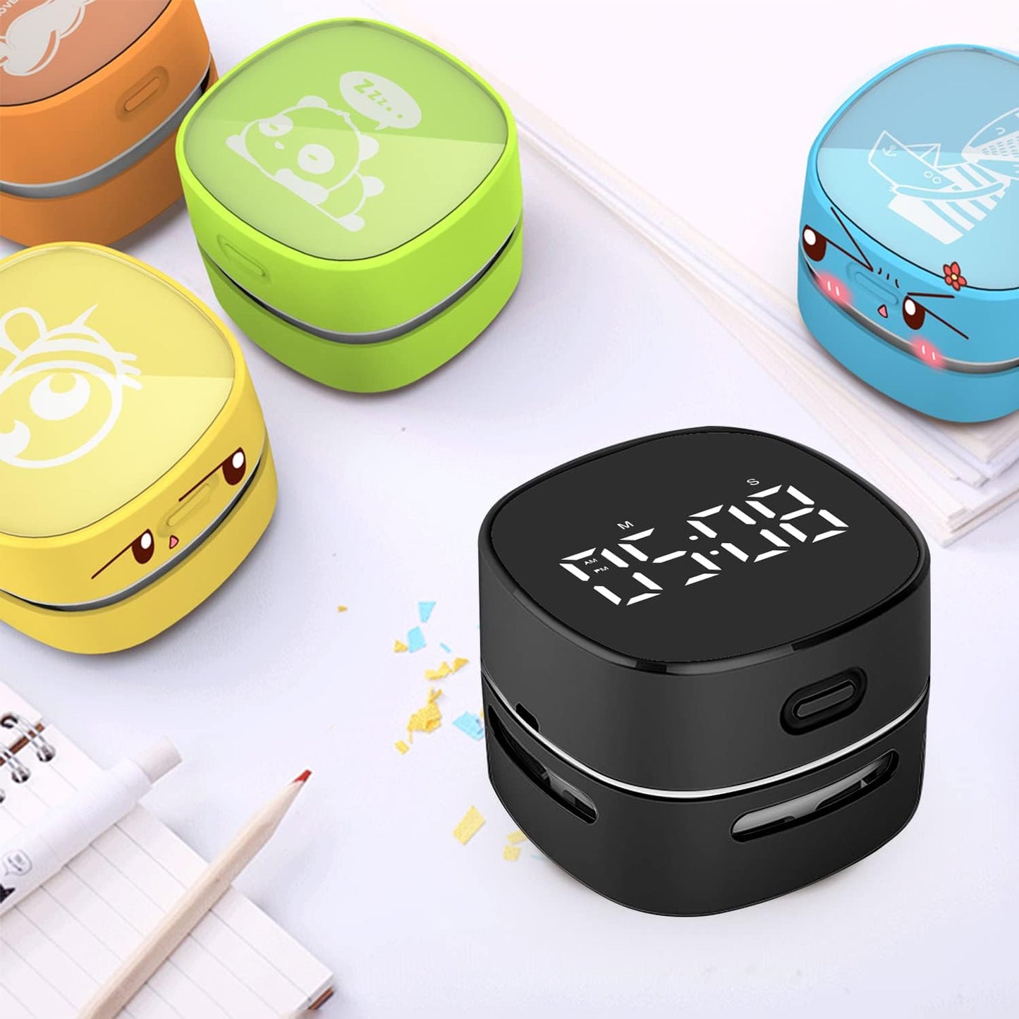 ODISTAR Counter Vacuum Cleaner,Mini Table dust Sweeper Energy with Digital Timer,Endurance up to 400 mins,360º Rotatable for Cleaning Rubber shavings,Crumbs Keyboard of Gifts for Kids(Black)