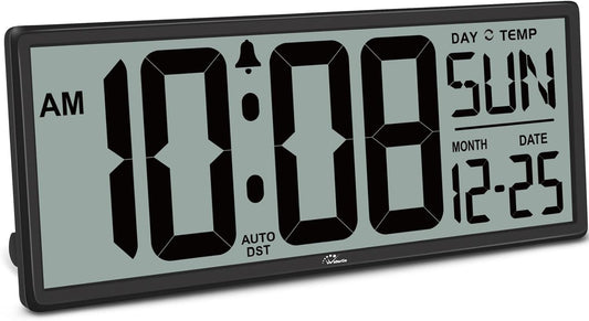 WallarGe 14.5'' Large Digital Wall Clock Battery Operated with Jumbo Numbers, Temperature and Date - Easy to Read and Set, Auto DST