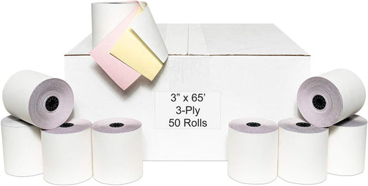 3" x 65' 3 PLY WHITE/CANARY/PINK CASH REGISTER PRINTER POS PAPER ROLL 50 ROLLS/CASE