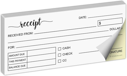 321Done Receipt Book, Made in USA - 2.75x6 Pocket Size 2-Part Carbonless, Cute Handheld Duplicate Copy Order Form for Craft Boutique Business - 50 White/Yellow Sets